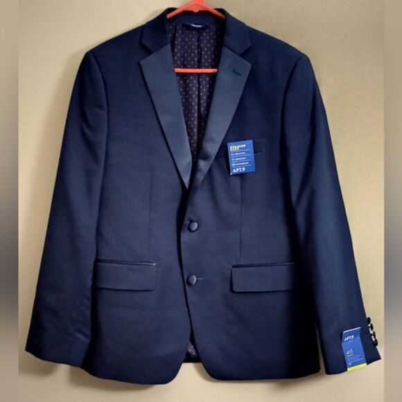 NWT Apt. 9 Navy Blue 2 Button Blazer with Covered Buttons Size 40 Short Slim Fit - Picture 1 of 10